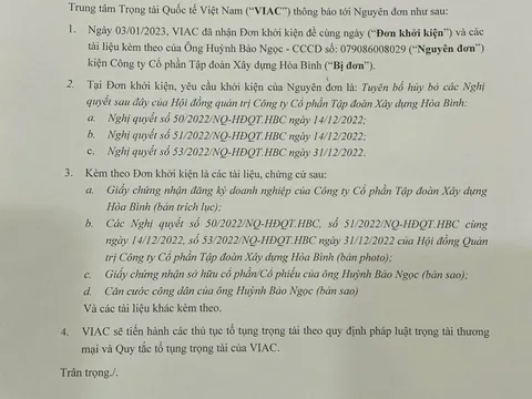 VIAC tiếp nhận yêu cầu khởi kiện tuyên bố hủy bỏ nghị quyết HĐQT Tập đoàn Xây dựng Hòa Bình